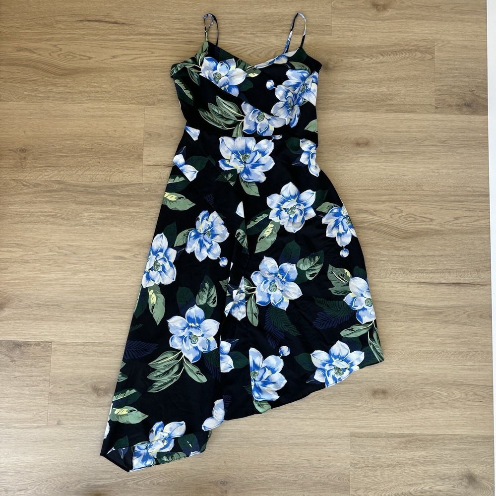 Banana Republic Dress 8 Tall Black Blue Floral Asymetrical Hawaiian Travel